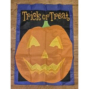Vintage Blue Orange Embroidered Halloween Trick or Treat Yard Flag 27x39" Nylon